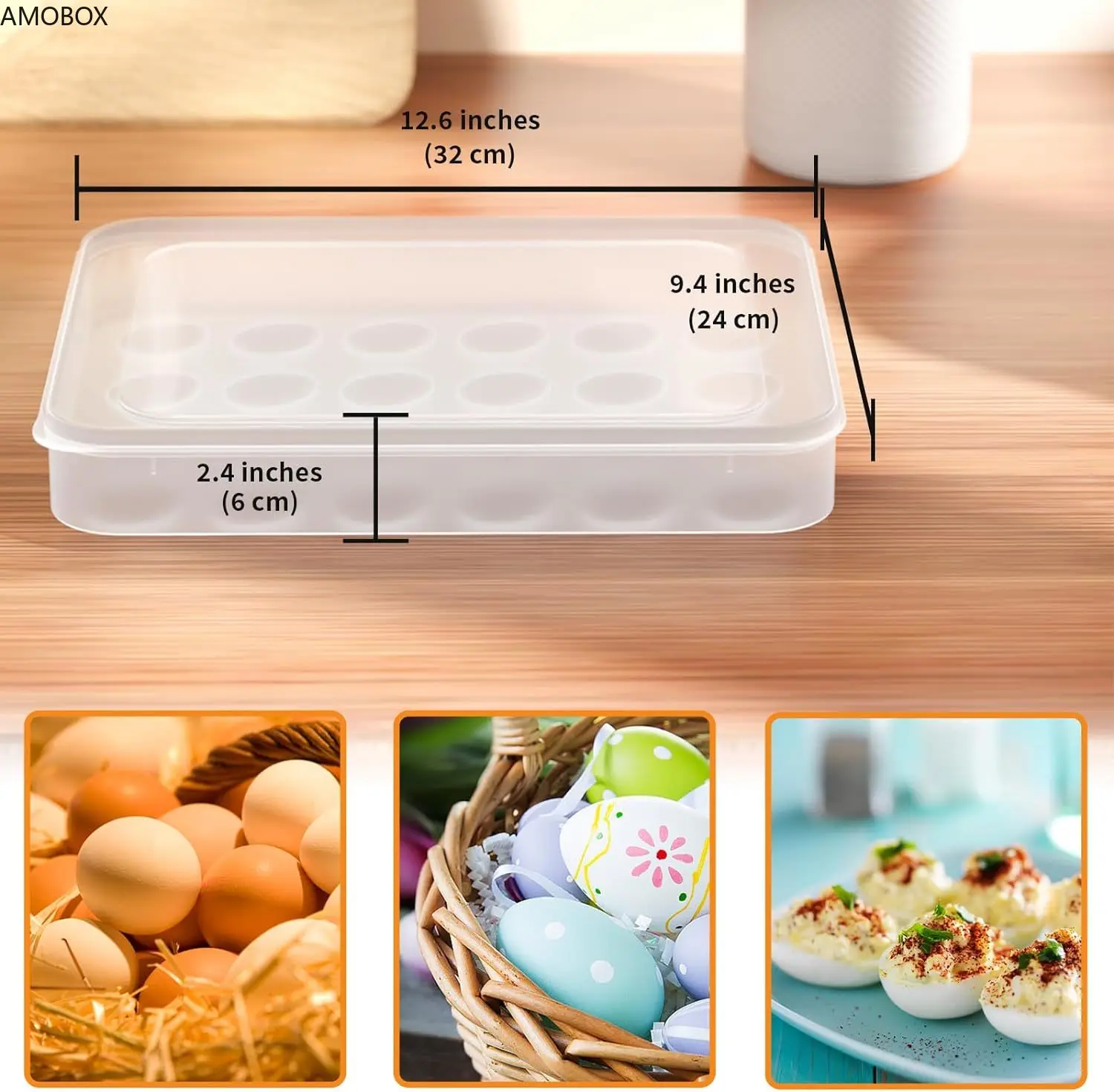 AMOBOX-Egg Container with Lid,Plastic Holder for Refrigerator, Clear Storage,Fridge Stackable Countertop, Portable, 24 Eggs