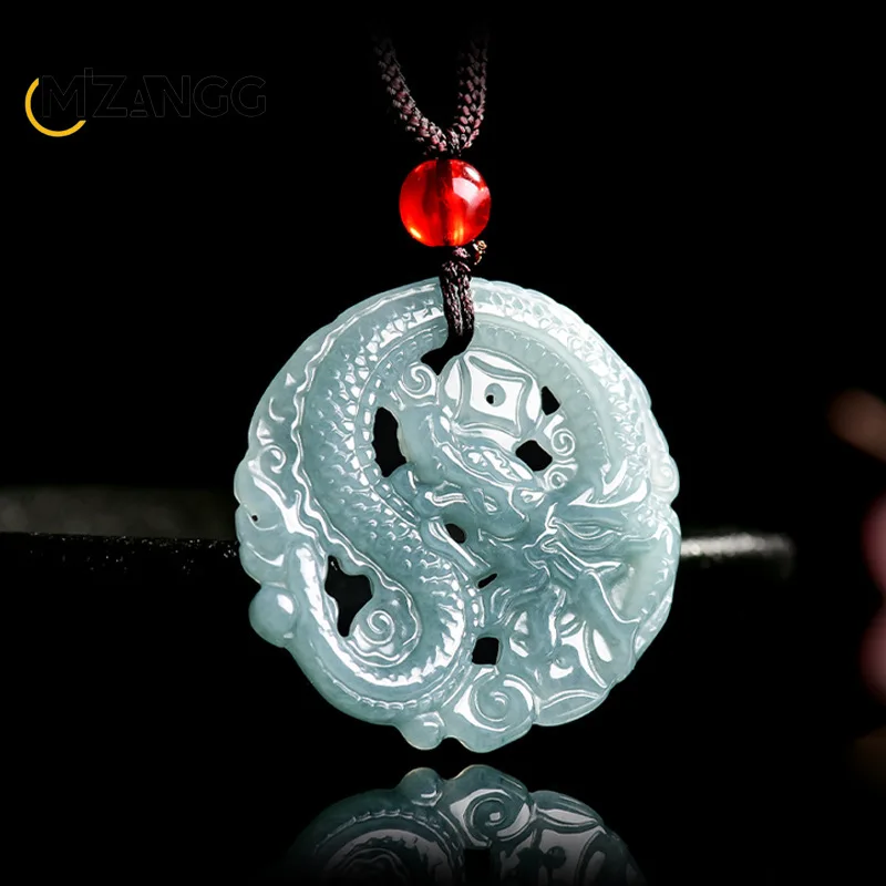 Natural Jadeite Blue Water Business Prosperity Through The Wealth of The Dragon Pendant Fashion Men and Women Lucky Amulet Gifts