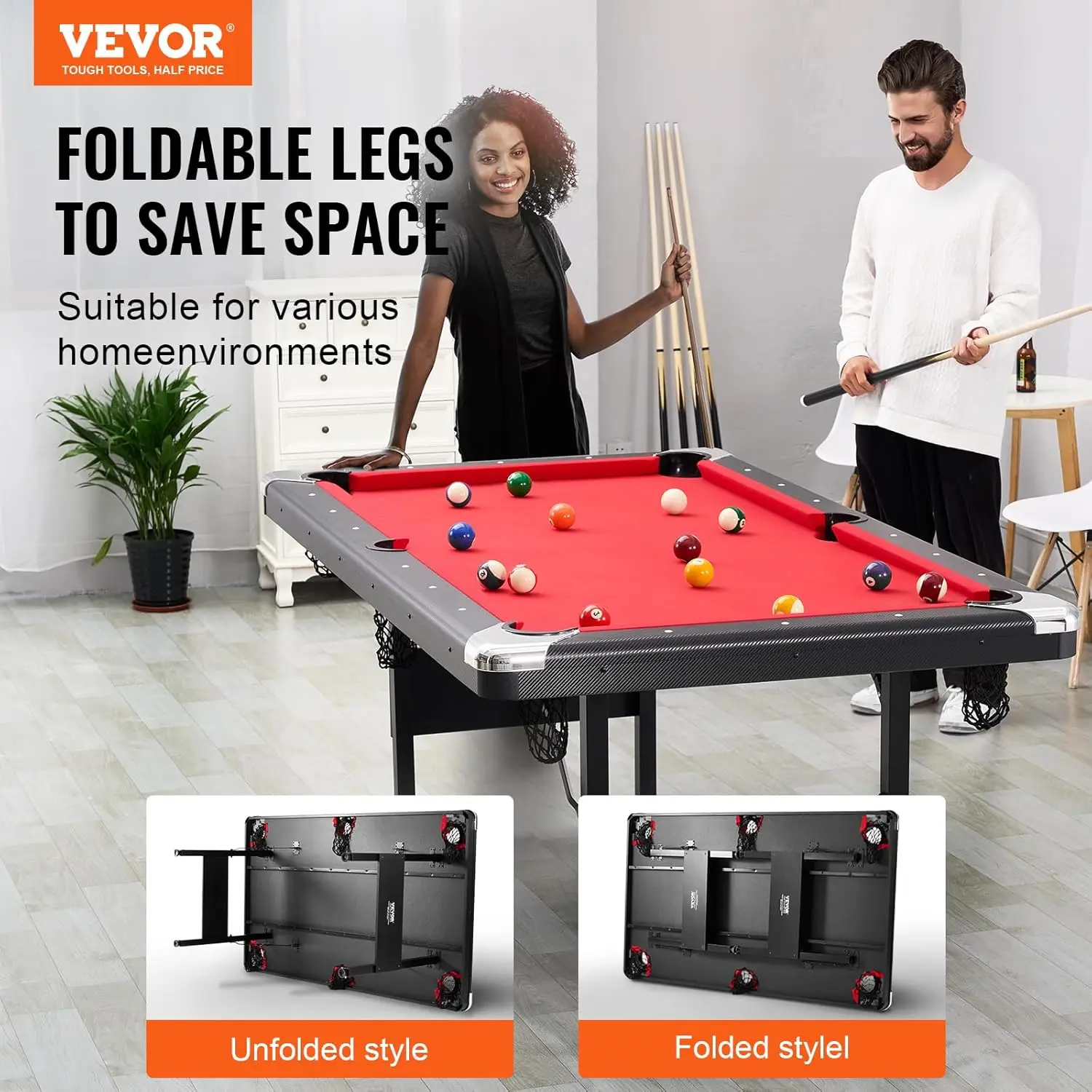 6.3 ft Pool Table, Portable Foldable Space-Saving Table, Billiard Table Set Includes Balls, Cues, Chalks