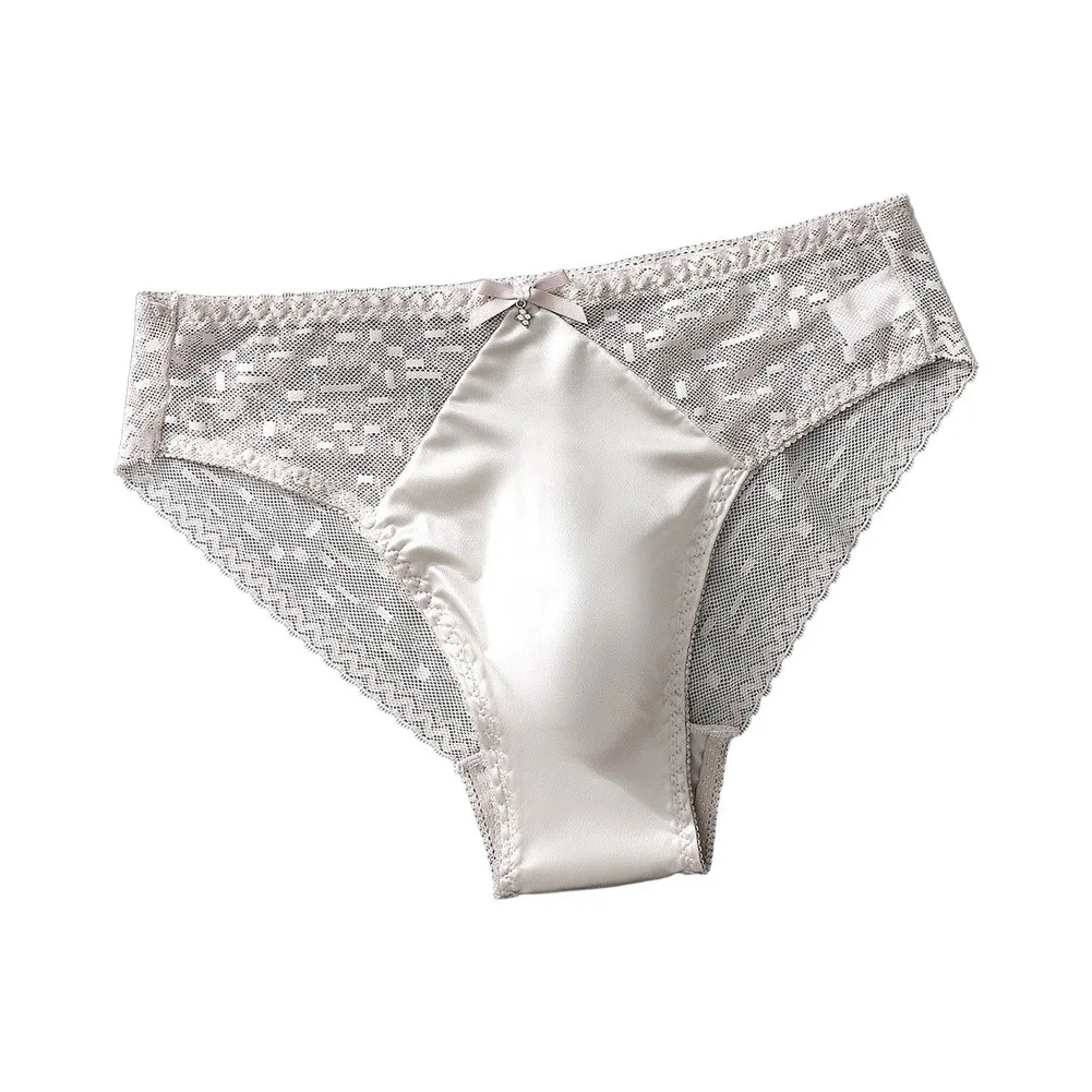 Men Satin Lace Briefs Underwear 3D Bulge Pouch Solid Elastic Underpants Panties  Gays Erotic Daily Intimate Underpants