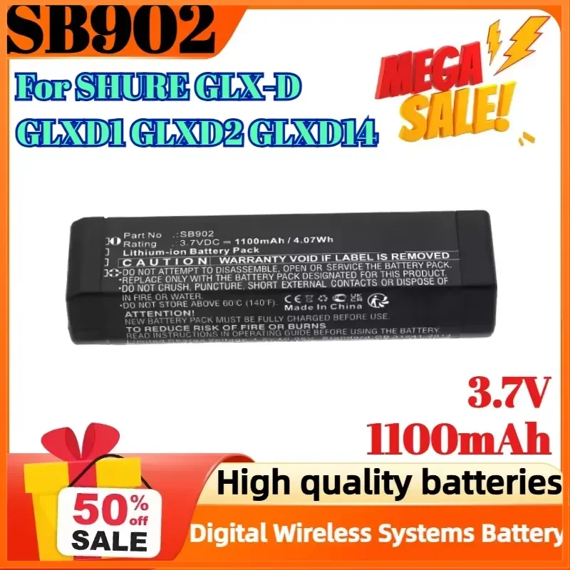 SB902 SB902A 3.7V 1100mAh Battery For SHURE GLX-D GLXD1 GLXD2 GLXD14 Digital Wireless Systems Batteries