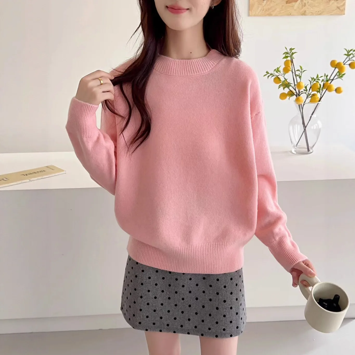 فضفاض جولة Ne البلوز سترة المرأة لون نقي محبوك أعلى مريحة بسيطة Sle عارضة Faion الخريف الشتاء ارتداء #3