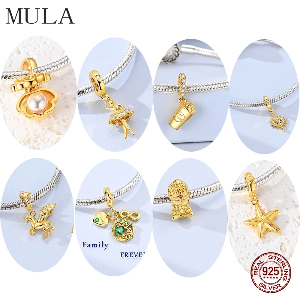 Mula Original - Dijes de Plata de Ley 925 con Baño de Oro, Árbol Genealógico, Estrella de Mar, Perla, Gusanito, Compatibles con Pulseras Originales para Mujer
