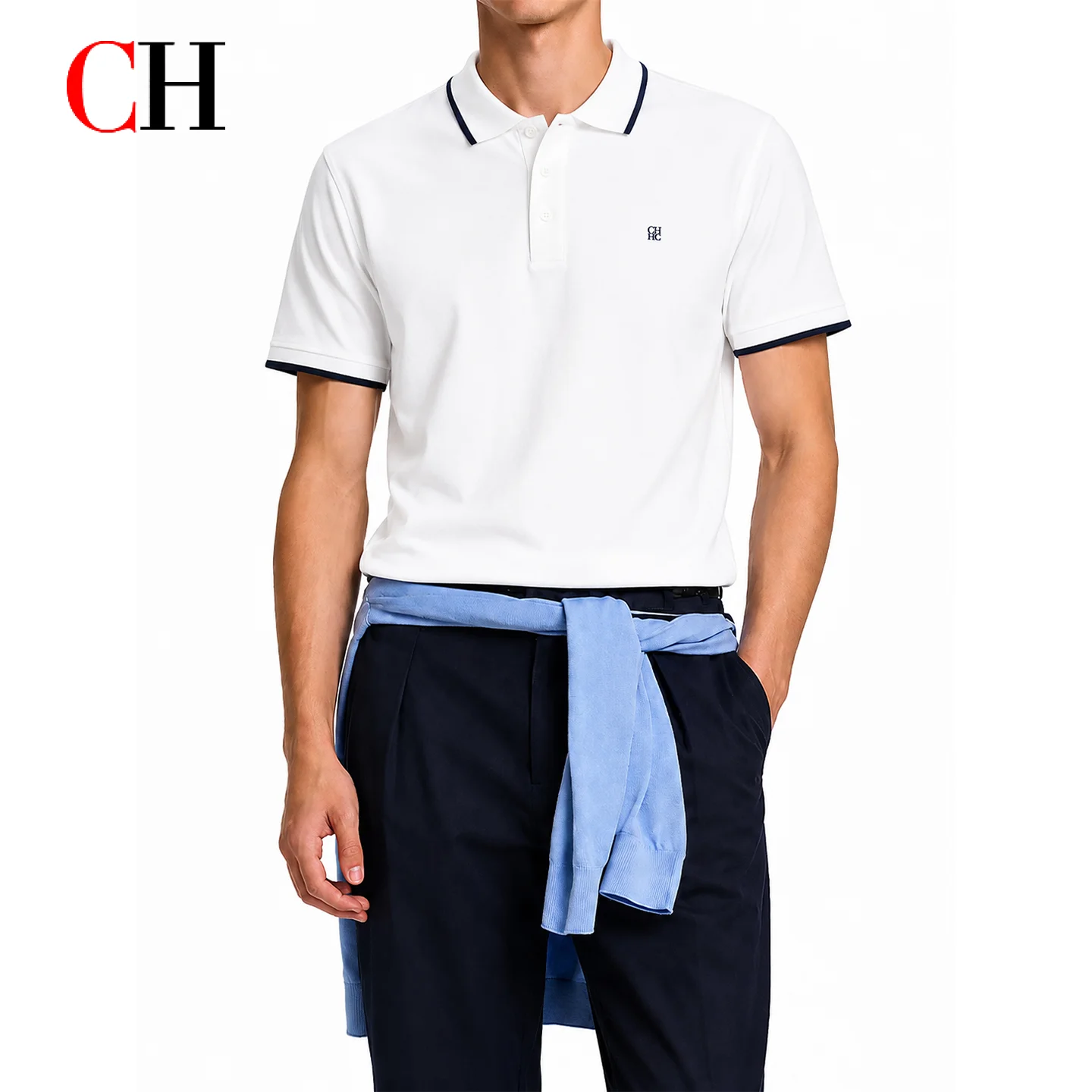 CH Mens Essential Line Polo Collar Subtle Letter Embroidery Plain Short Sleeve Polo Office Casual Dual Use Top