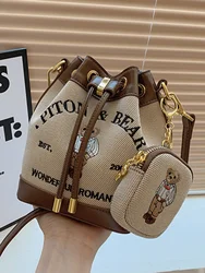 Fashionable Cartoon Bucket Bag Women's Crossbody Shoulder Bag Casual Leisure Handbag Soft PU Leather Small Size Canvas Interior