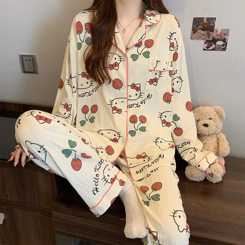 

Sanrio Hello Kitty Women's Cardigan Pajamas Kawaii Cartoon Student Autumn Long Sleeves Long Pants Thin Style Homewear Set New