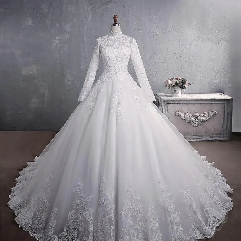

Long Sleeved Wedding Dress Spring New Style Heavy Industry Lace Embroidery Bridal Stand Collar Big Tail Wedding Dress Customized
