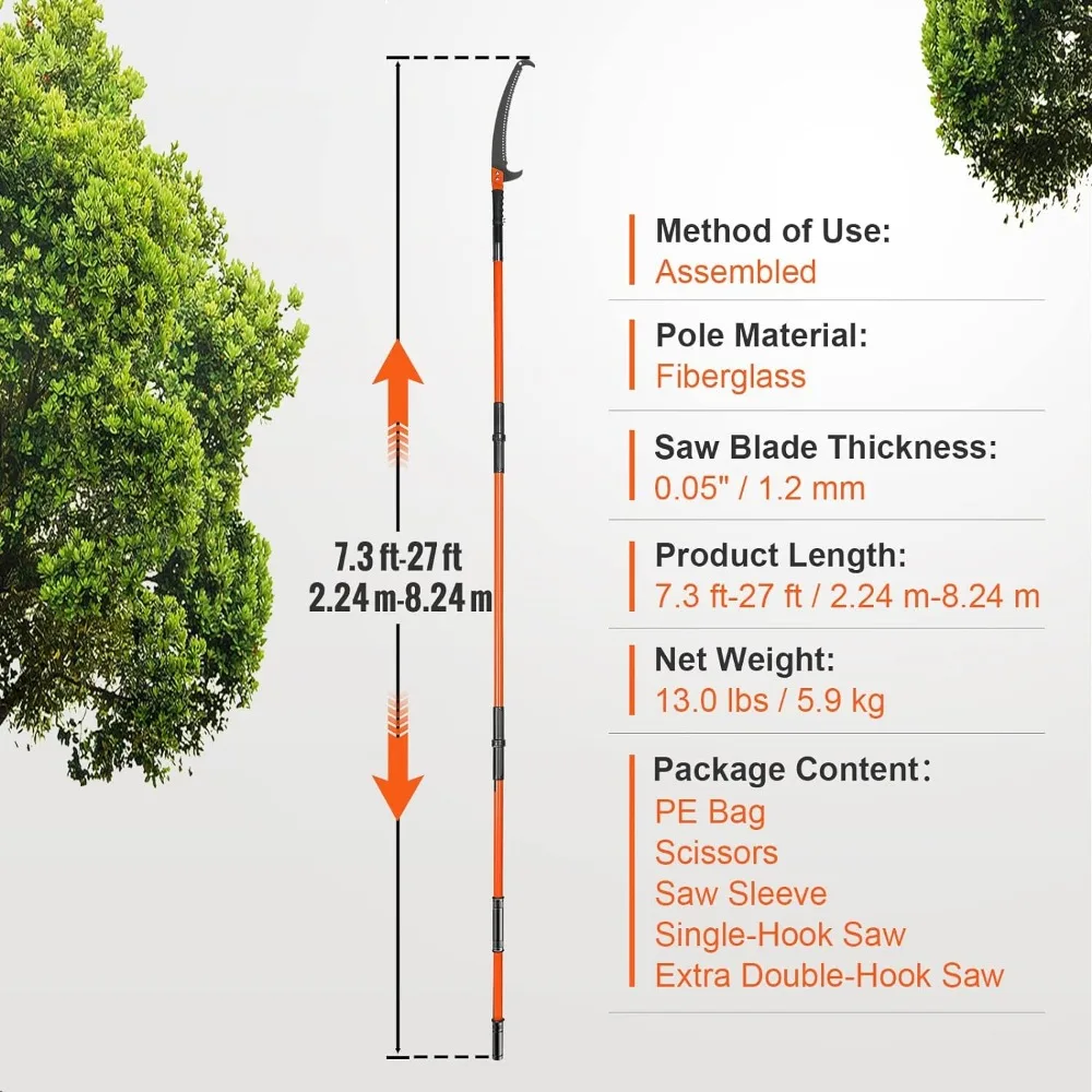 Manual Pole Saw, 7.3-27 ft Extendable, Sharp Steel Blade and Scissors, Branch Trimmer with Lightweight 8 Fiberglass Handles