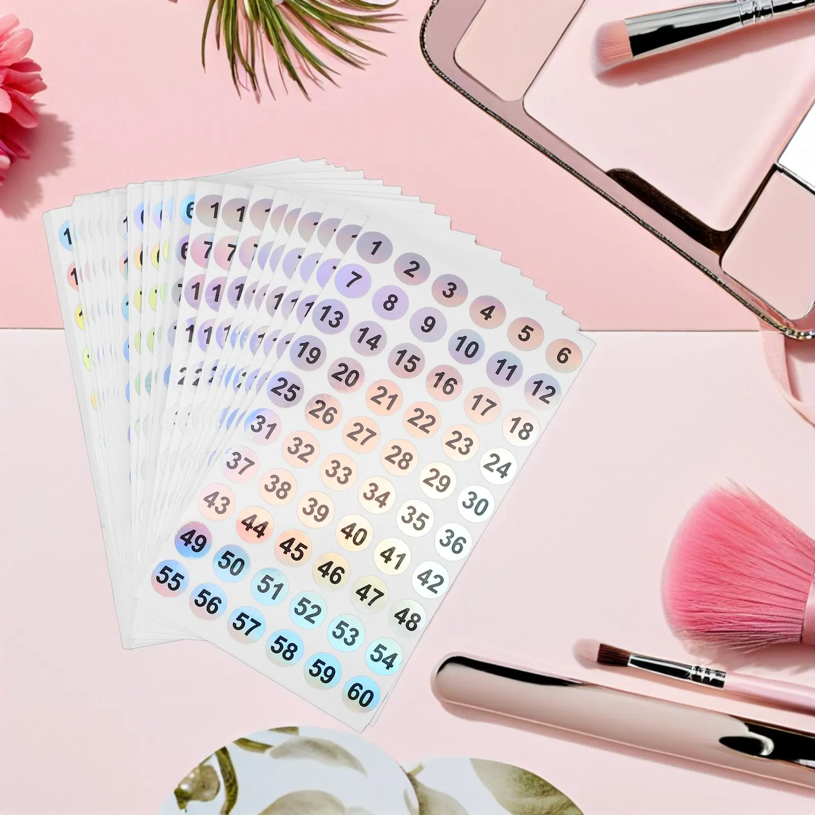 50Sheets Nail Art Labels Holographic Small Number Stickers Self Adhesive Round Numbered Stickers for Nail Bottles Jars