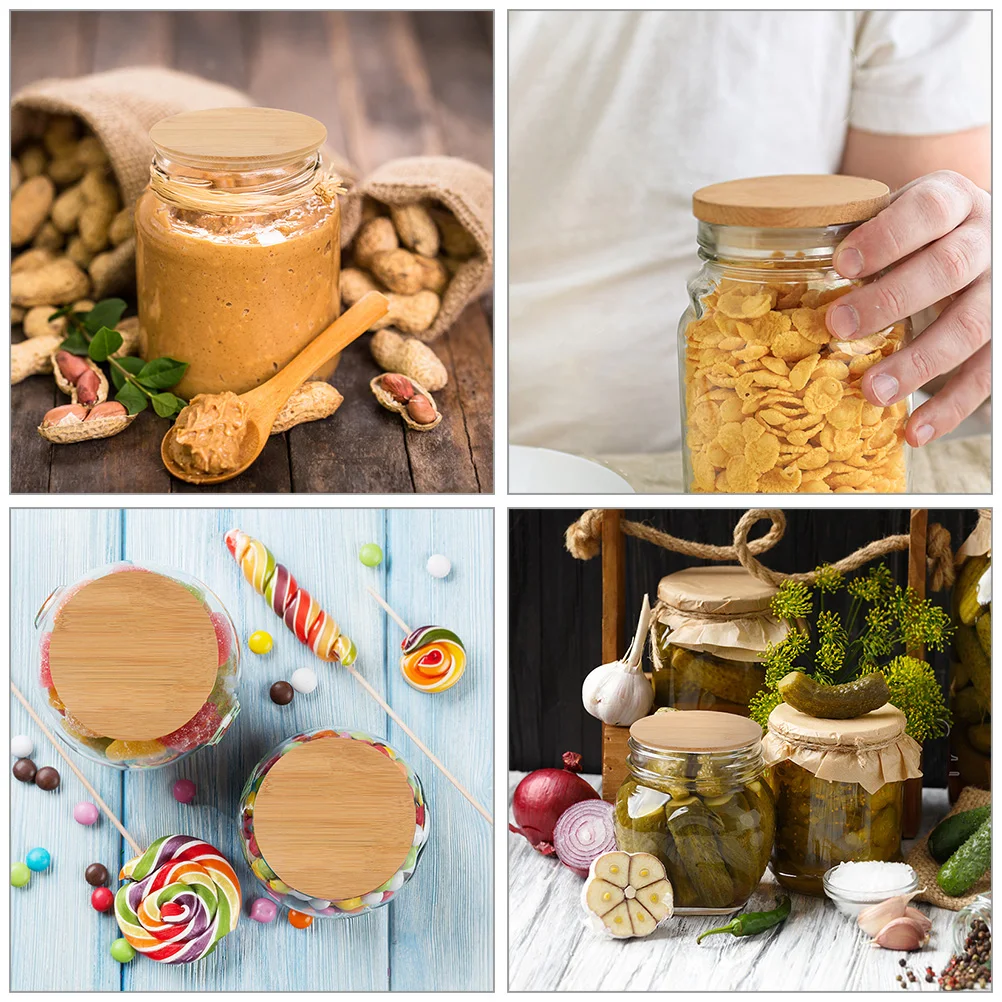 

10pcs Bamboo Jar Lids Reusable Airtight Glass Seal Covers With Silicone Ring Leakproof For Kitchen Camping Coffee Shop