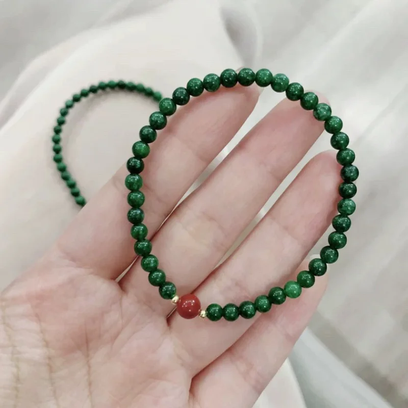 Emerald and Cinnabar Women's Single Circle Bracelet 4mm Small Particles Dry Green Bracelet Dark Green Gift