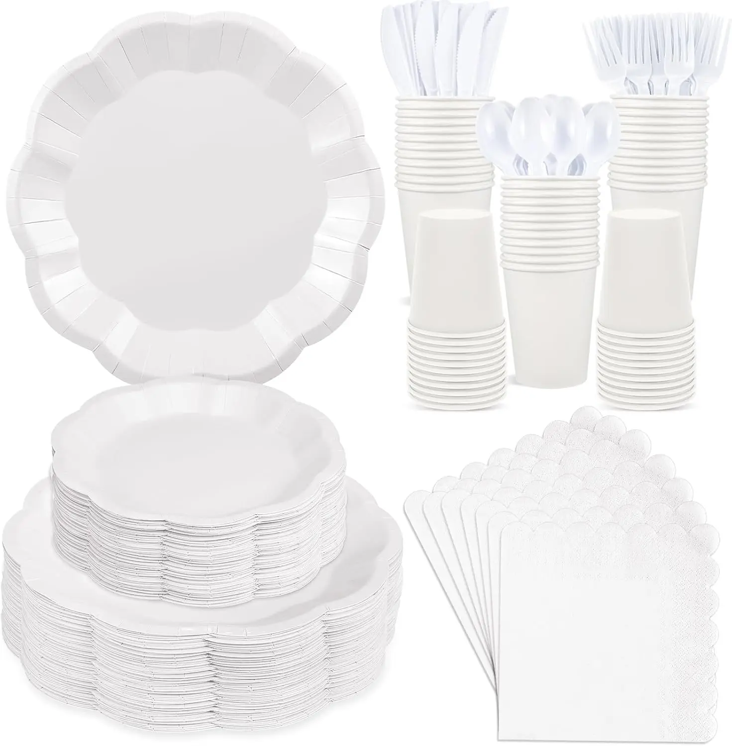 

350Pcs White Party Supplies: Disposable Plates, Napkins, Cups, Cutlery Set for 50 Guests