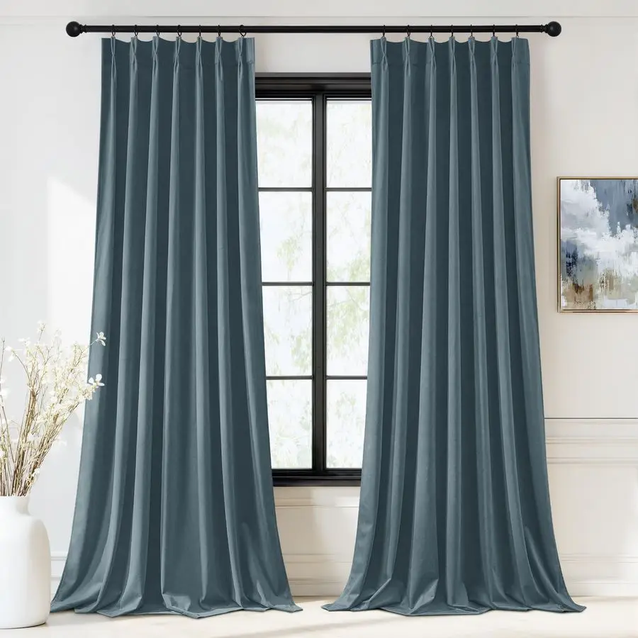 

90 inch Slate Blue Pinch Pleat Velvet Curtains,Luxury Thermal Insulated Window Drapes with Hooks Super Soft Light Blocking Panel