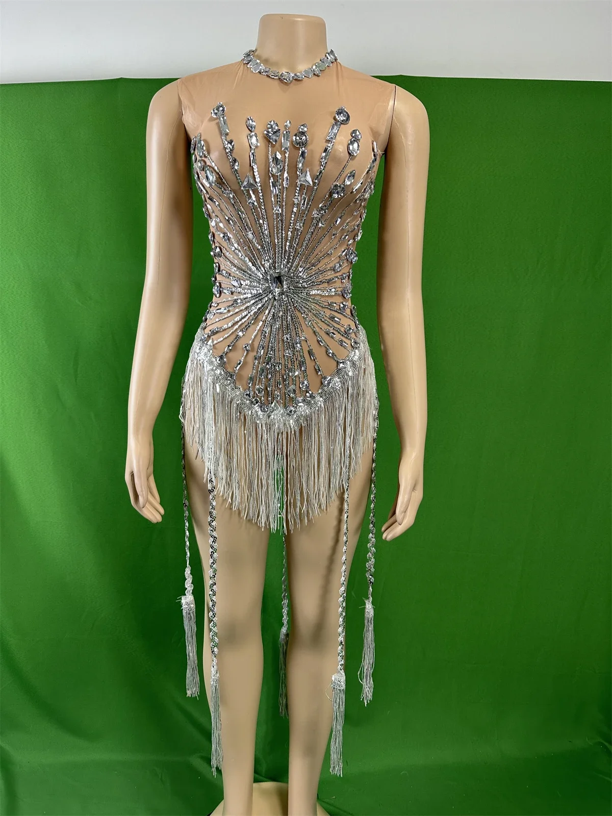 

Women Sparkly Clubbing Sleeveless Fringe Mesh Rhinestone Sequins Dress Mardi Gras Photo Shoot Props