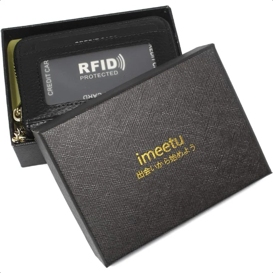 RFID Credit Card Holder Wallet with Keychain ID Window Small Leather Zipper Card Case for Women Horizontal 10 Slots Pink