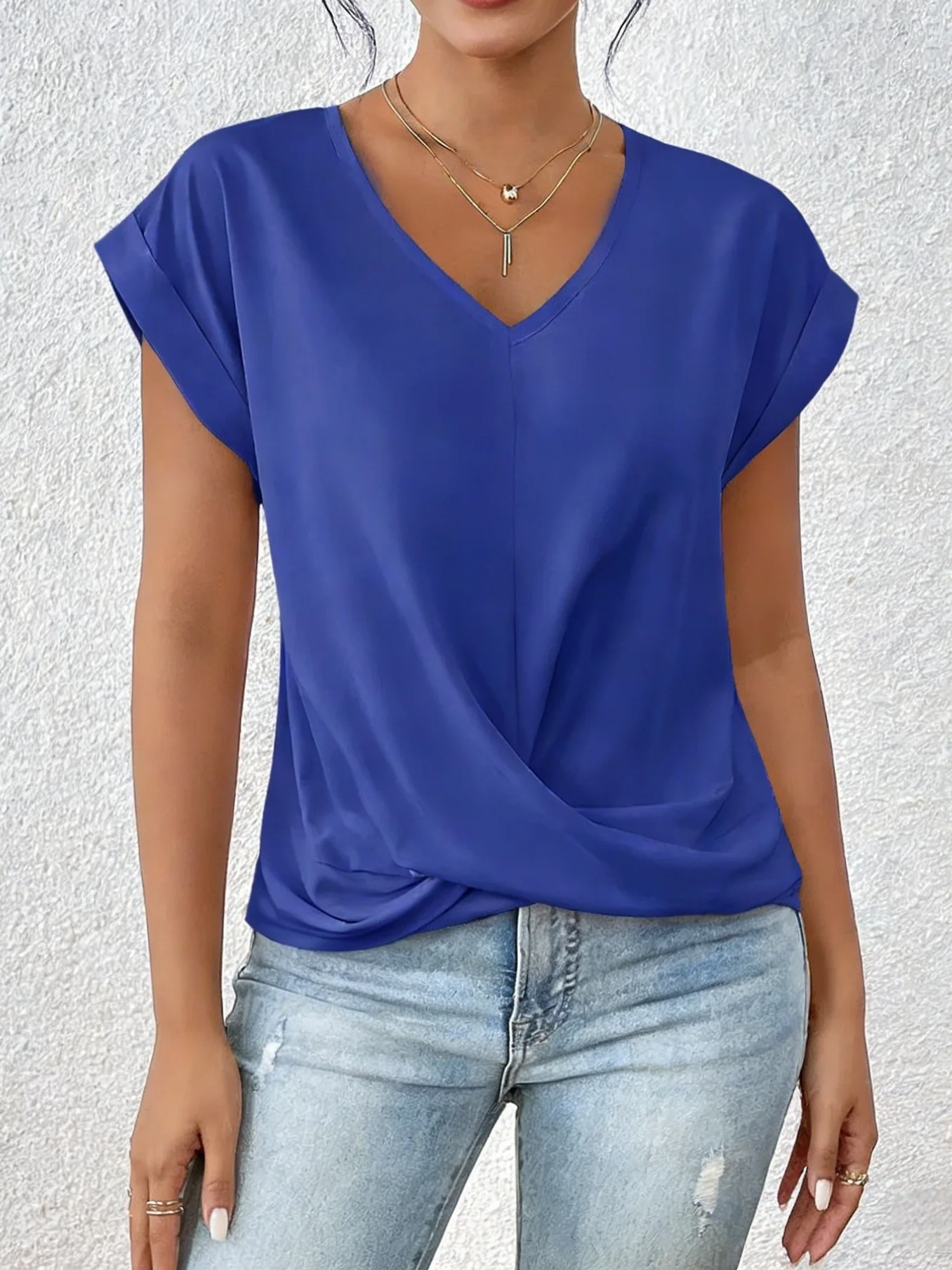 Seventeen color V-neck solid color top T-shirt, women's summer elegant short sleeved fashionable street personality top