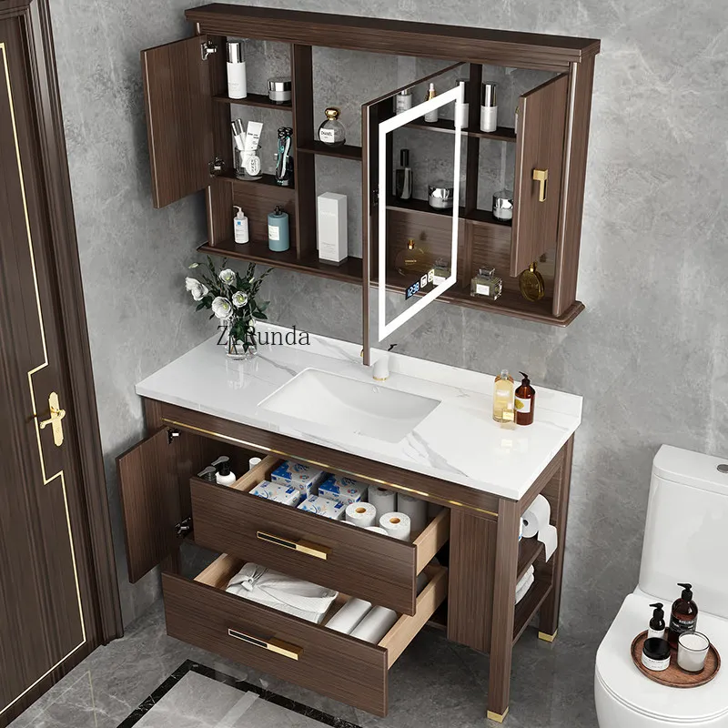 Oak solid wood slate, floor-to-ceiling bathroom cabinet combination, bathroom sink