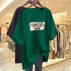 Summer Elegant Fashion Pure Cotton Basic T-shirts Women Casual Loose O-neck Short Sleeve Top Tee Letter Print Pullovers 45-105Kg