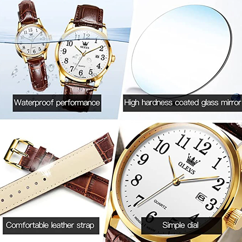 OLEVS Classic Quartz Watch for Men Brown Leather Strap Watch With Date Feature Digital Dial Waterproof Business Man Wristwatch