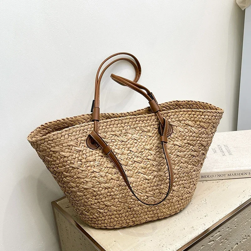 

Rattan Large Capacity Casual Tote Bag Designer Wicker Woven Women Handbags Summer Beach Straw Bag Lady Travel Big Basket Purses