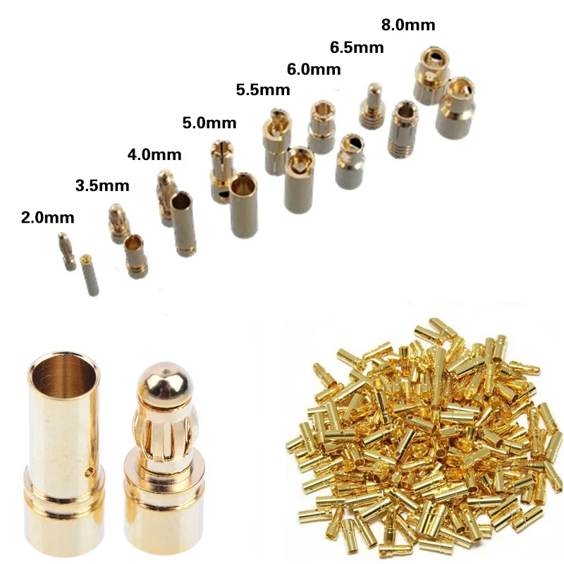 20 par/lote 2.0mm 3.0mm 3.5mm 4.0mm 5.5mm 6.0mm 8.0mm ouro bala banana conector plug para esc lipo rc bateria plugues (40 pces)