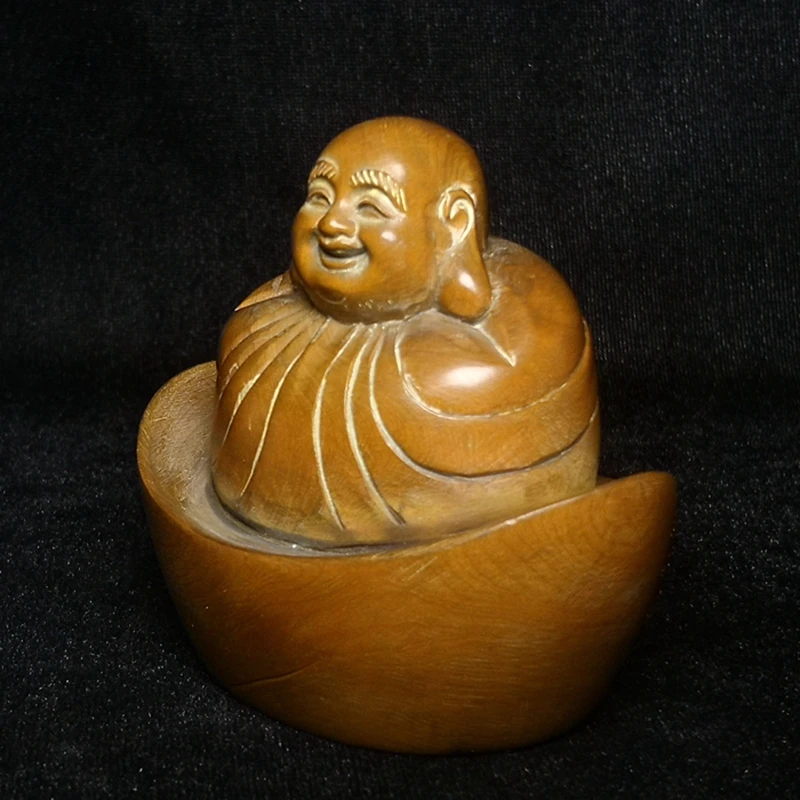 1919 Antique art Size Chinese Hand-carved Boxwood shoe-shaped gold ingot Maitreya Buddha statue 7.8 CM