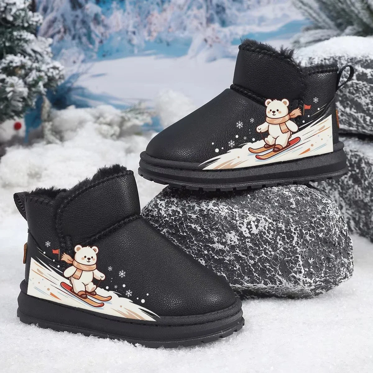 Kids Winter Snow Boots Fluffy Inside Black Leather Boots Warm Cute Bear Non-Slip Rubber Thick Sole Ankle Booties for Boys Girls