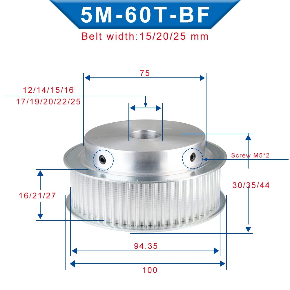 5M-60T Pulley Inner Bore 12/14/15/16/17/19/20 mm Aluminum pulley wheel Slot Width 16/21 mm Fit For Width 15/20 mm 5M-timing belt