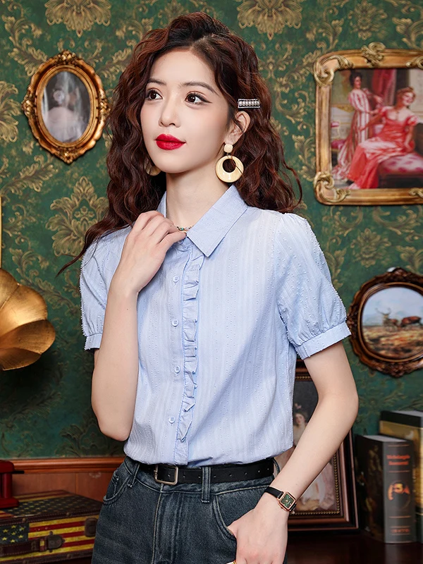 

Summer 2026 Women's Pure Cotton ort Sve irt Thin Splice Wood Ear Design Versatile Small Size Straight Cut Korean Sle