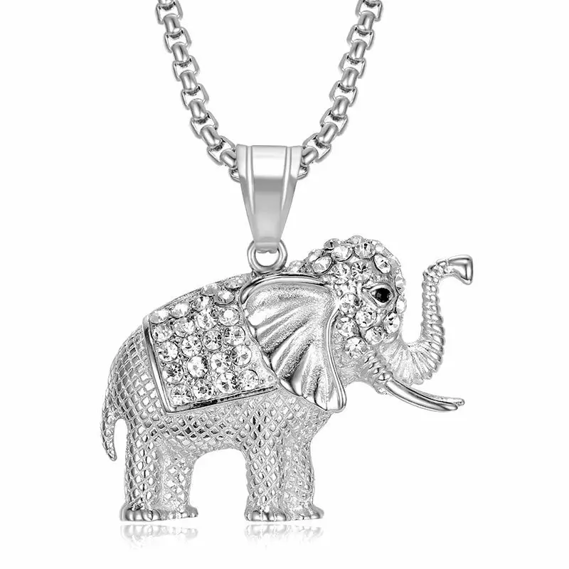 Megin D Stainless Steel Titanium Zircon Lucky Animal Elephant Pendant Collar Chains Necklace for Men Women Couple Hip Hop Jewel