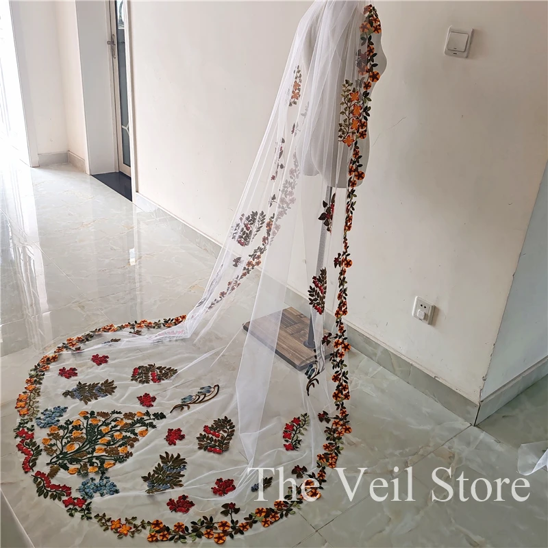 Unique Floral Colorful Bridal Wedding Veils Catholic With Comb White Ivory Tulle Embroidered Flowers Leaves Red Yellow Green