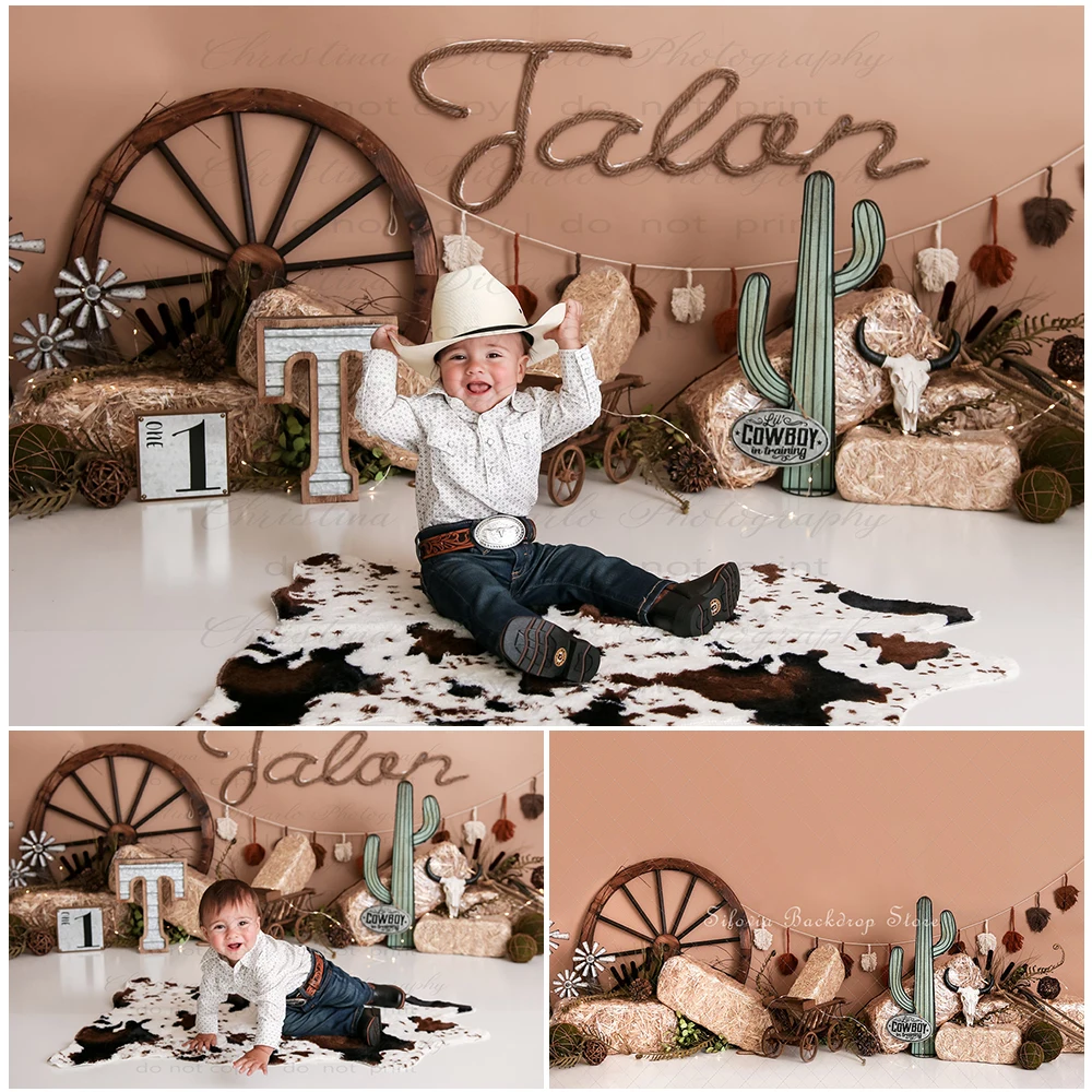 

Cowboy in Training Photo Background Cactus Haystack Decor Photography Backdrop Children Birthday Cake Smash Photo Studio Props