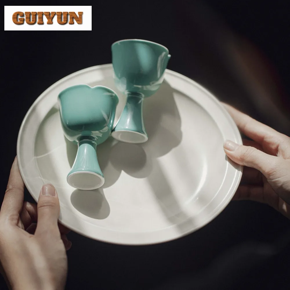 2pcs/et Luxury Turquoise Green Teacup High Foot Single Cups Personal Cup Kung Fu Tea Household Cha Accessories Collection 50ml