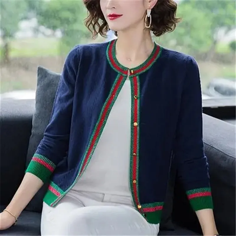 

Fashion Knitwear Female Top 2024 New Spring Autumn Cardigan Sweater V Neck Color Blocking Casual Women's Knitted Coat Shawl