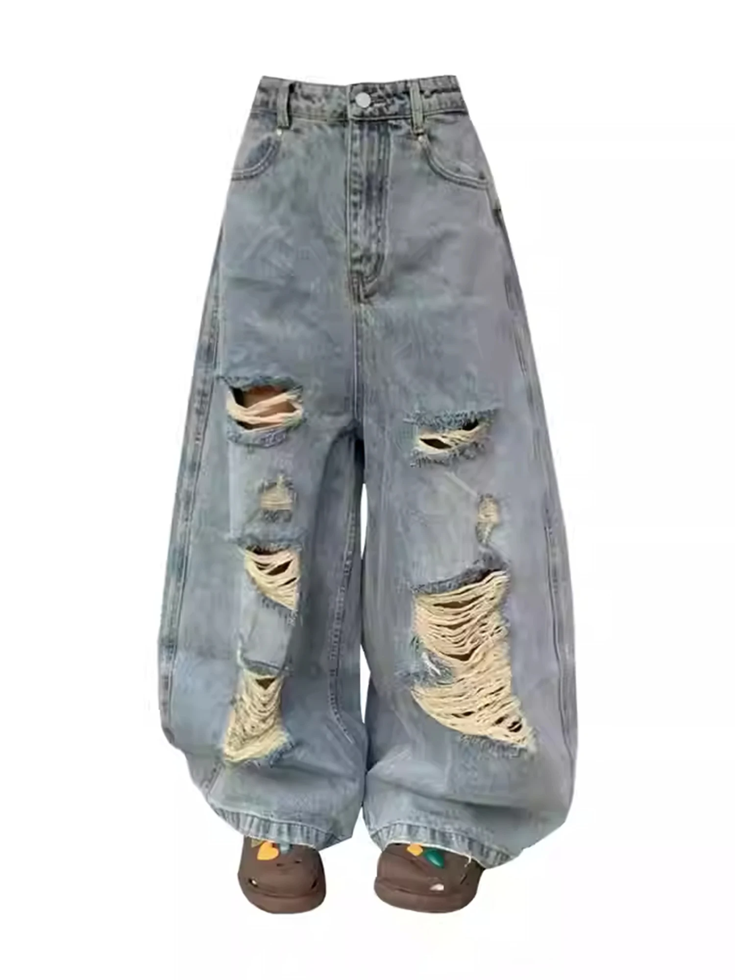 

Women's Blue Ripped Wide Jeans Harajuku Vintage Y2k Baggy Denim Trousers Japanese 2000s Style Oversize Jeans Long Pants Clothes