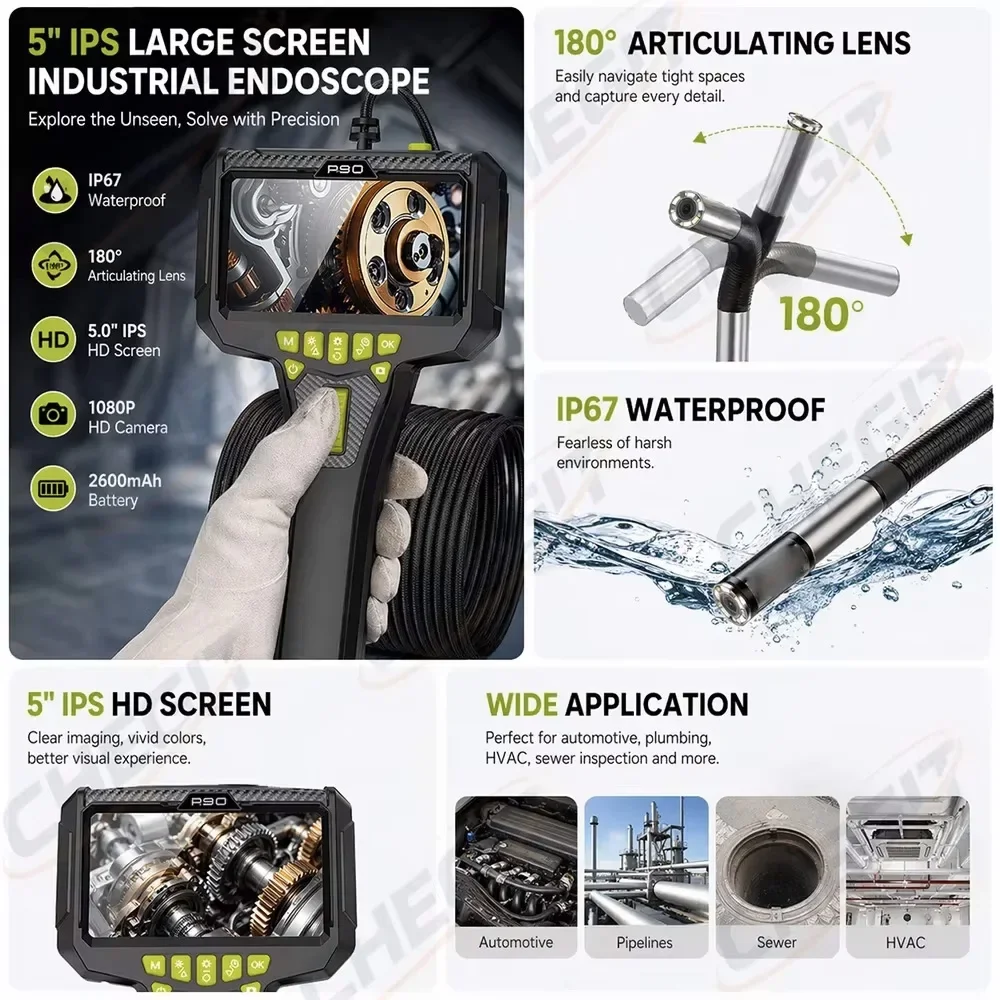 New 360° Articulating Borescope Endoscope 3.9mm/6mm lens Camera with LPS 5inch 1080p screen IP67 Waterproof Probe For 6 LED