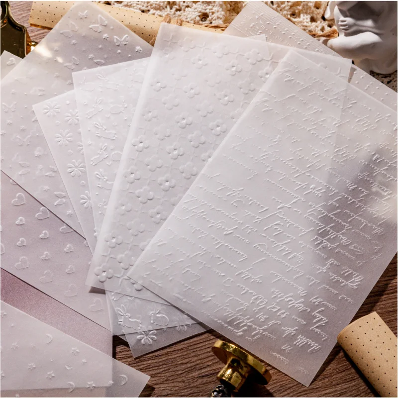 10 Blatt Sulfuric Acid Papier mit weißer Tinte, konkav-konvex strukturiertes Dekorpapier, Vintage-Kunstjournal-Collagenmaterialpapier