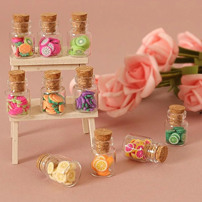 3 Stks/zak Simulatie Fruit Plakjes Glazen Fles Poppenhuis Speelgoed Miniatuur Food Fruit Pot Model Mini Keuken Micro Landschap Ornament