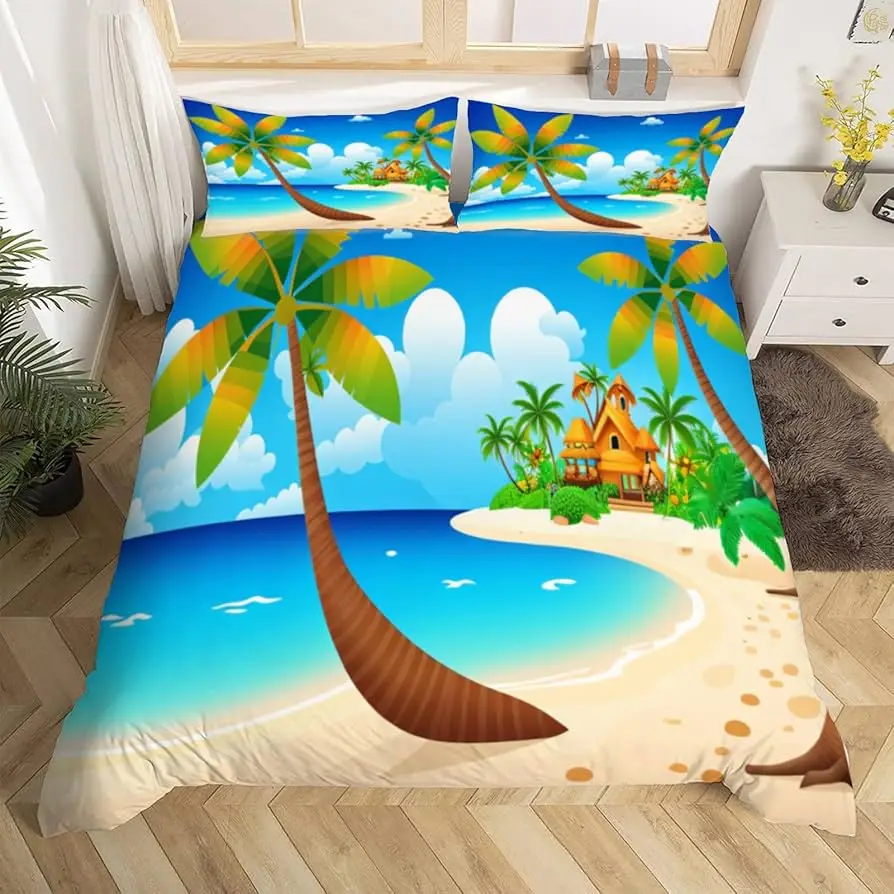 Seaside Scenery King Queen Twin Duvet Cover Hawaii Ocean Landscape Bedding Set Tropical Palm Tree Sunset Polyester Quilt Cover