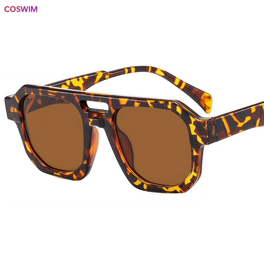 Retro Leopard Square Sunglasses For Women Men Fashion Double Bridge Frame Sun Glasses Shades UV400 Eyewear