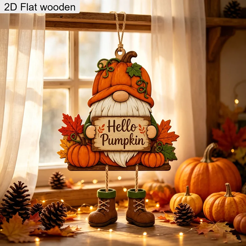 Pumpkin Maple Leaf Dwarf 2D Wooden Hanging Sign Farmhouse Fall Harvest Wall Autumn Thanksgiving Front Door Ornament Holiday Gift