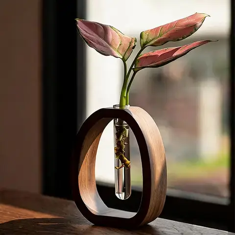 Solid Wood Transparent Glass Hydroponic Flower Vase Made of Walnut Wood for Household Use, Small Flower Bottle