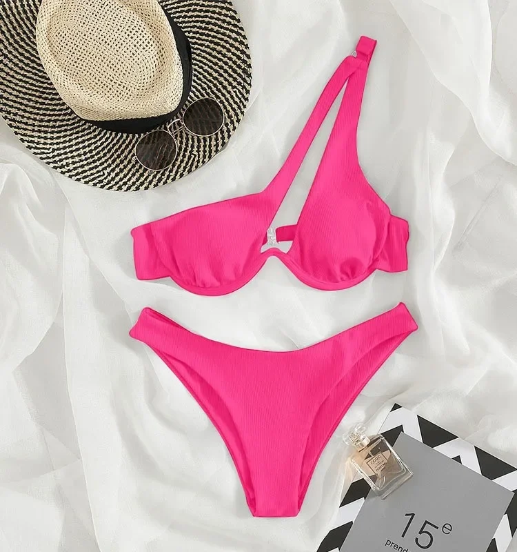 Vzvn 2026 Conjunto de Bikini de un Hombro con Corte Alto, Push Up, Sexy, con Recortes, para Mujer