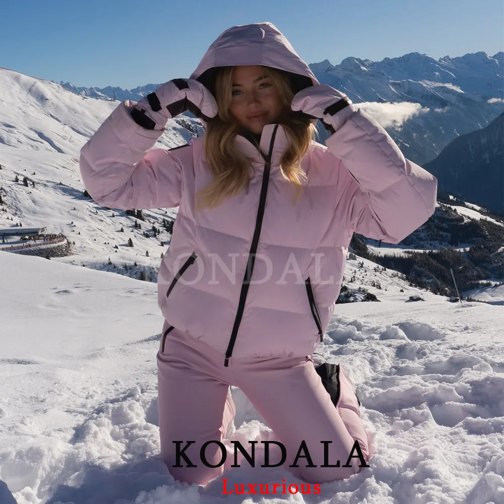 

KONDALA шикарные розовые женские лыжные костюмы с длинным рукавом на молнии стеганые куртки длинные прямые брюки мода 2026 весенне-зимний женский костюм