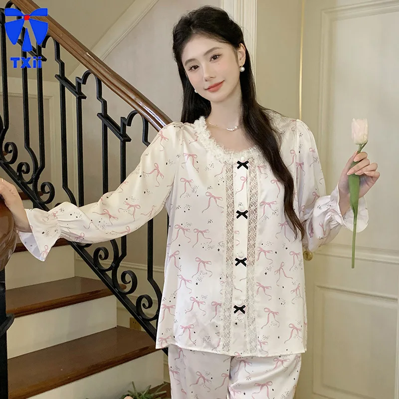 French Pajamas Women's Long-sleeved Pants Sweet Crewneck Princess Style Ice Silk suit Printed Pajamas Home Wear Outwear