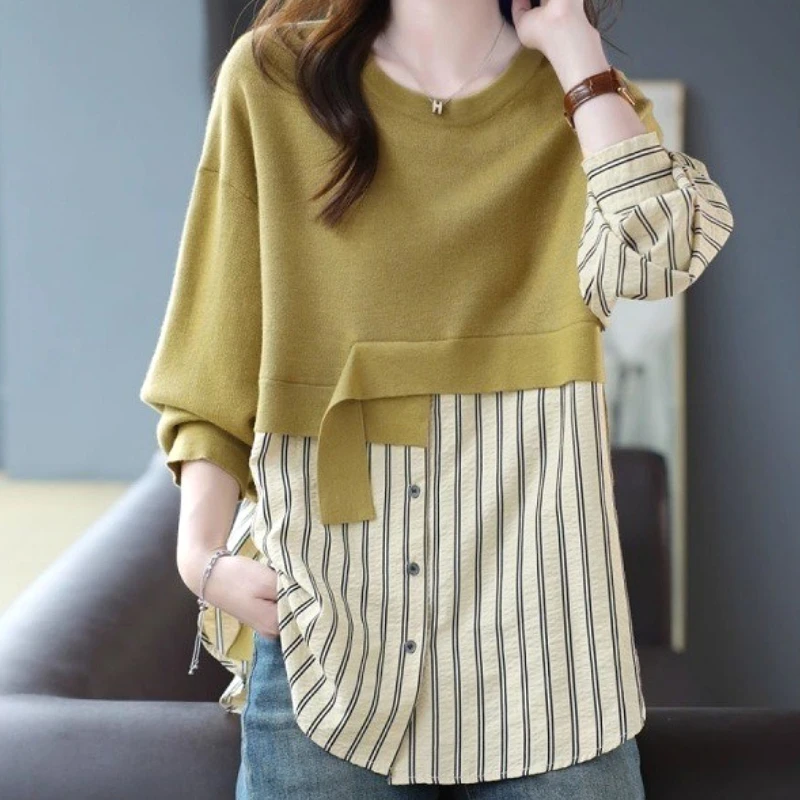 

Blouses Women Shirt Striped Round Neck Full Sleeve Tops Casual Loose Two Fakes Y2k Streetwear Elegant Splice Shirts Work 2025