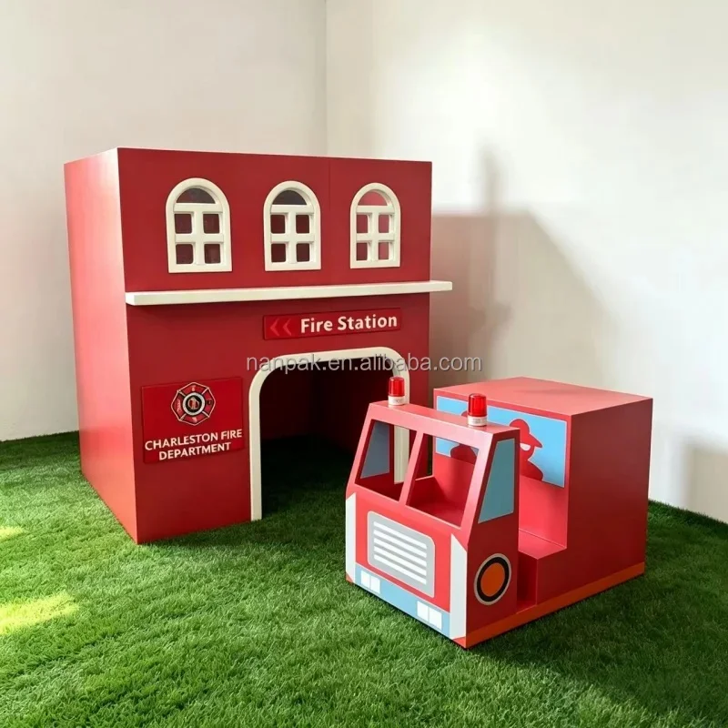 Red Fire Station Fire Truck PlayHouse Kids Pretend Role Play Set Educational Toddler Soft Play Equipment for Indoor Playground