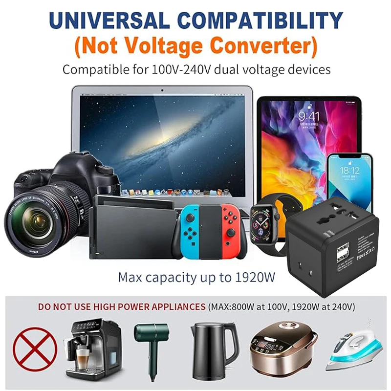 Worldwide Universal Travel Adapter, with 2 USB/Type-C Charging Ports, Power Adapter Plug, Suitable for Phones, Pad, Cameras Etc.