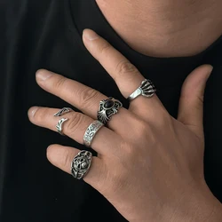 Ingemark Goth Punk Skull Head Wing Ghost Claw Ring Set for Men Vintage Adjustable Open Rings Grunge Jewelry Male Halloween Gift