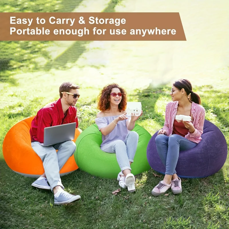 1pc Comfortable Inflatable Bean Bag Lazy Sofa，Portable In Multiple Colors PVC Leisure Chair，Flocked Surface，
